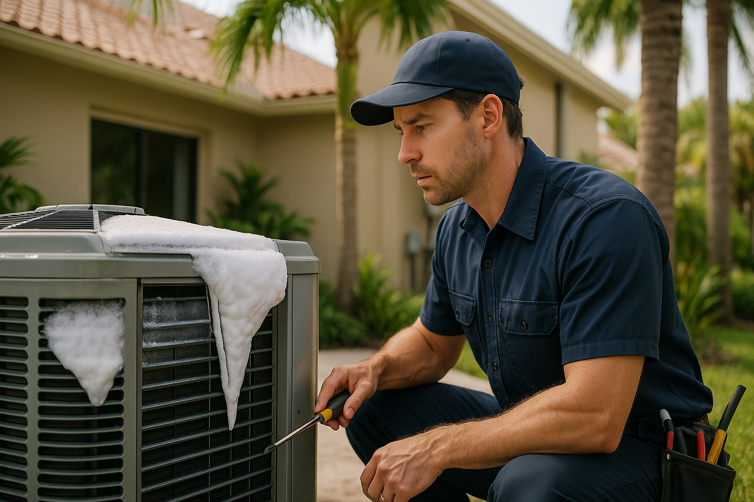 Editorial illustration depicting ac unit freezing high humidity