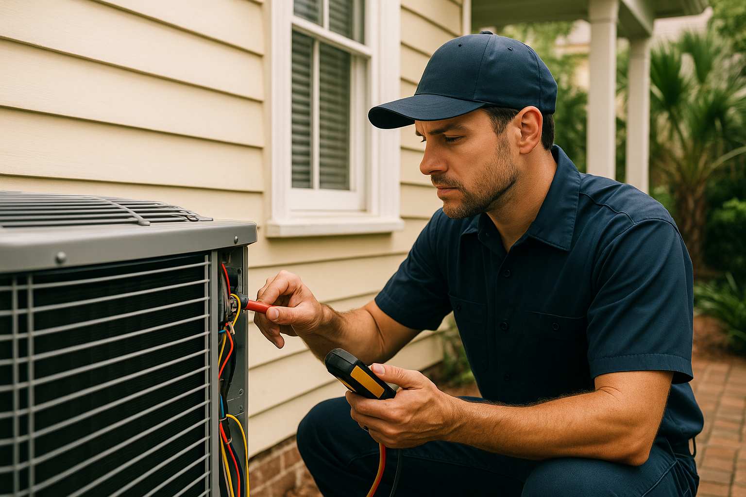 Editorial illustration depicting air conditioner struggles charleston humidity
