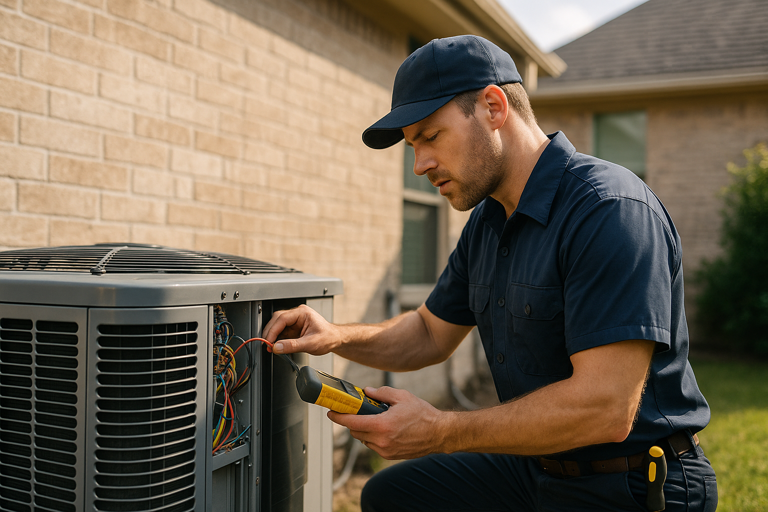 Editorial illustration depicting air conditioner struggling extreme heat