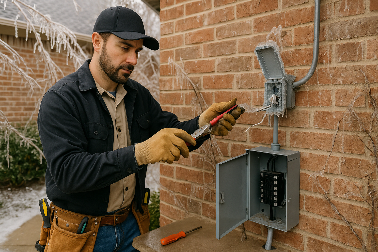 Editorial illustration depicting electrical repairs ice storm damage outdoor wiring