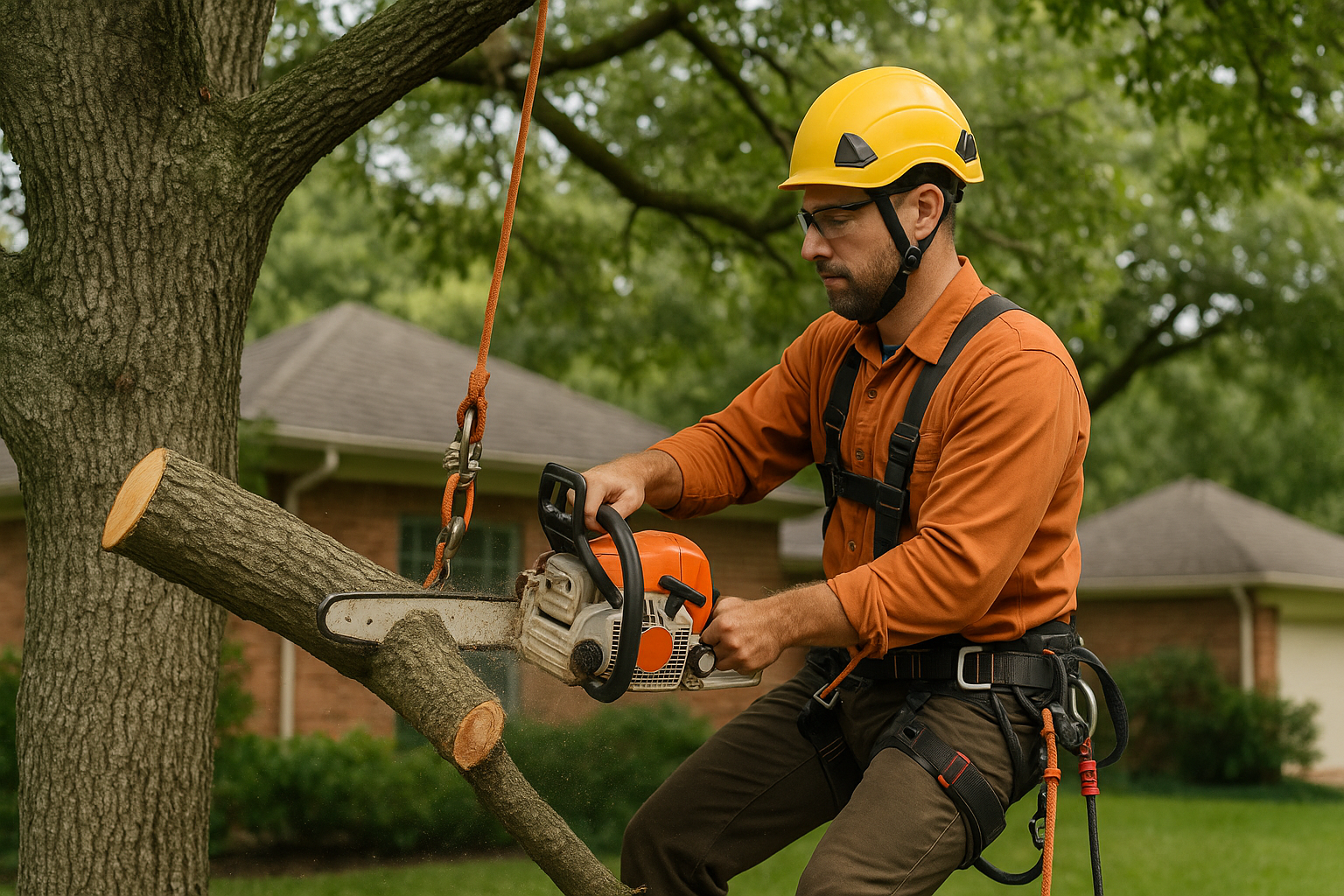 Editorial illustration depicting emergency tree removal cost pearland hurricane damage