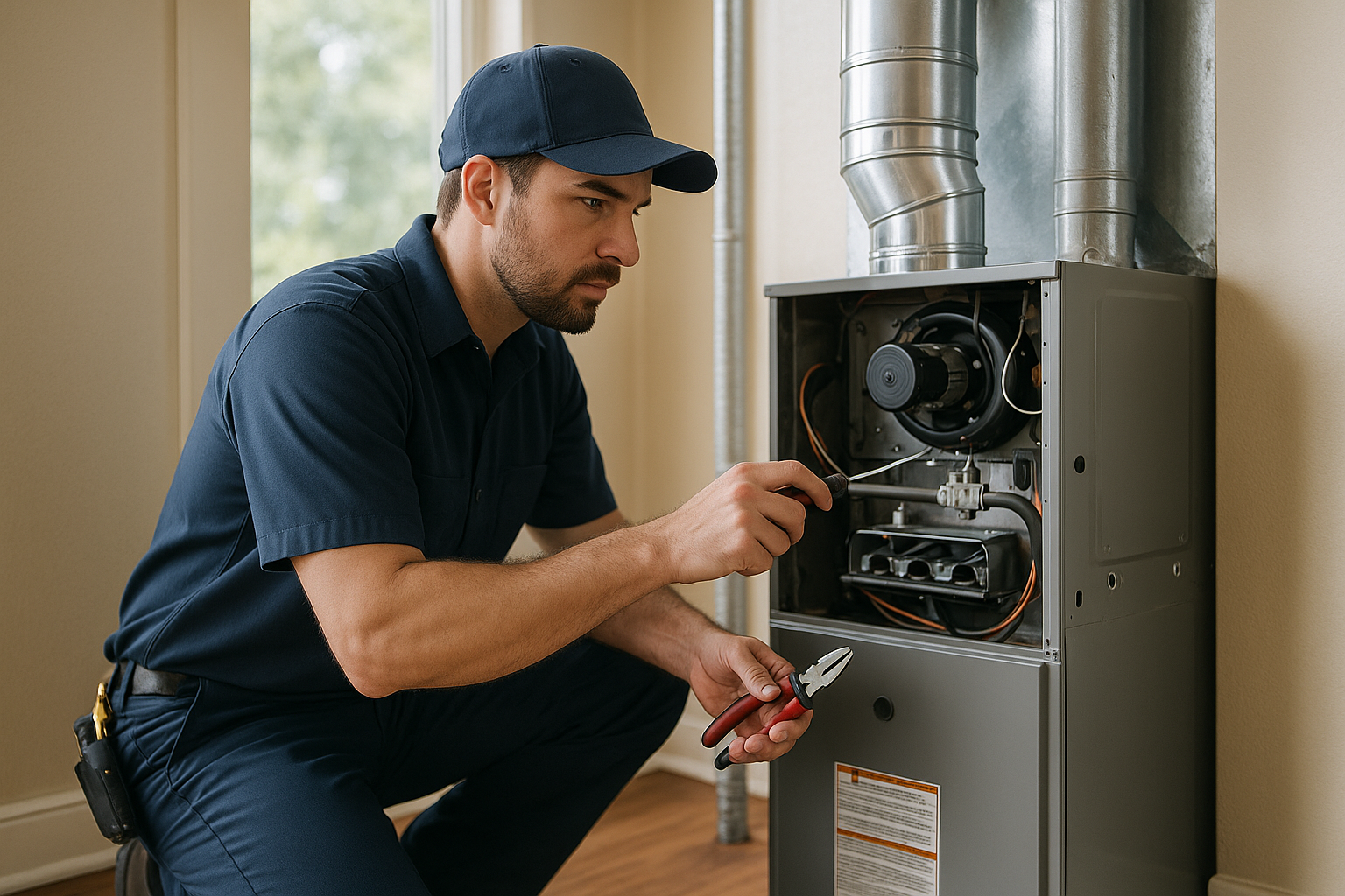 Editorial illustration depicting furnace maintenance