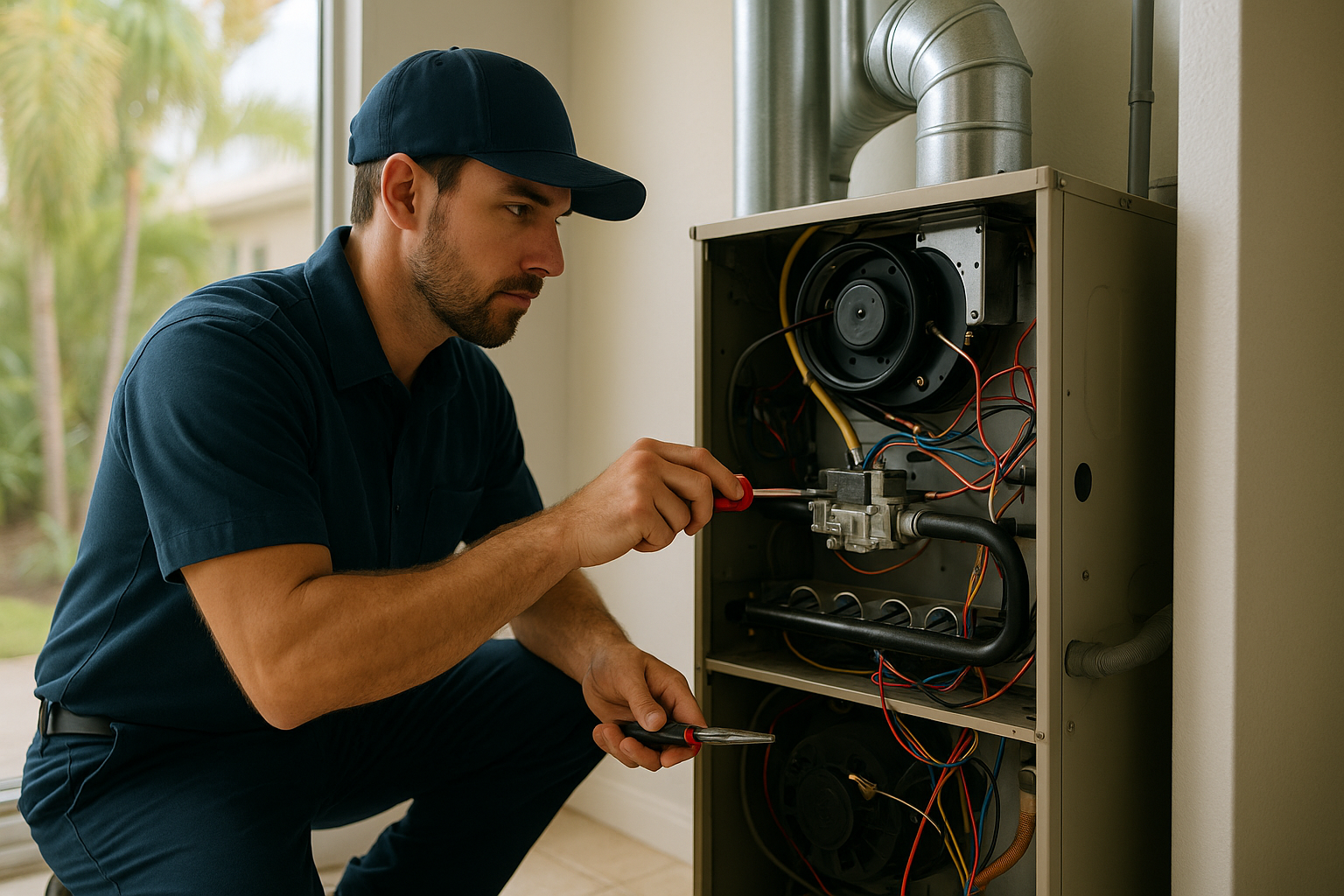 Editorial illustration depicting gas furnace repair