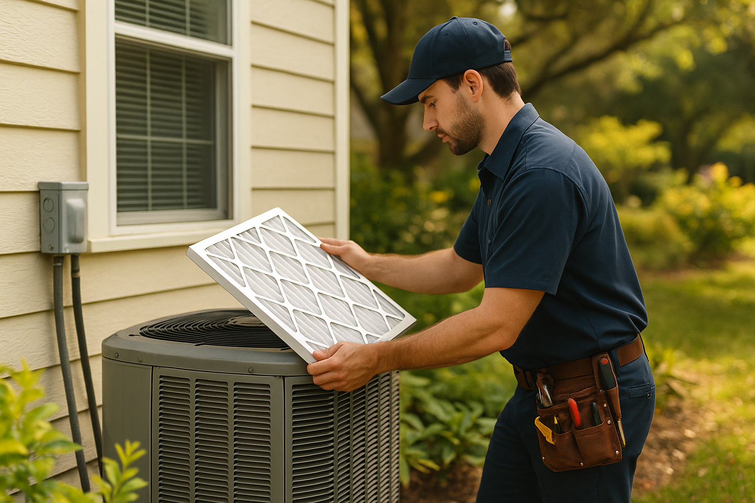 Editorial illustration depicting hvac filter change frequency charleston pollen