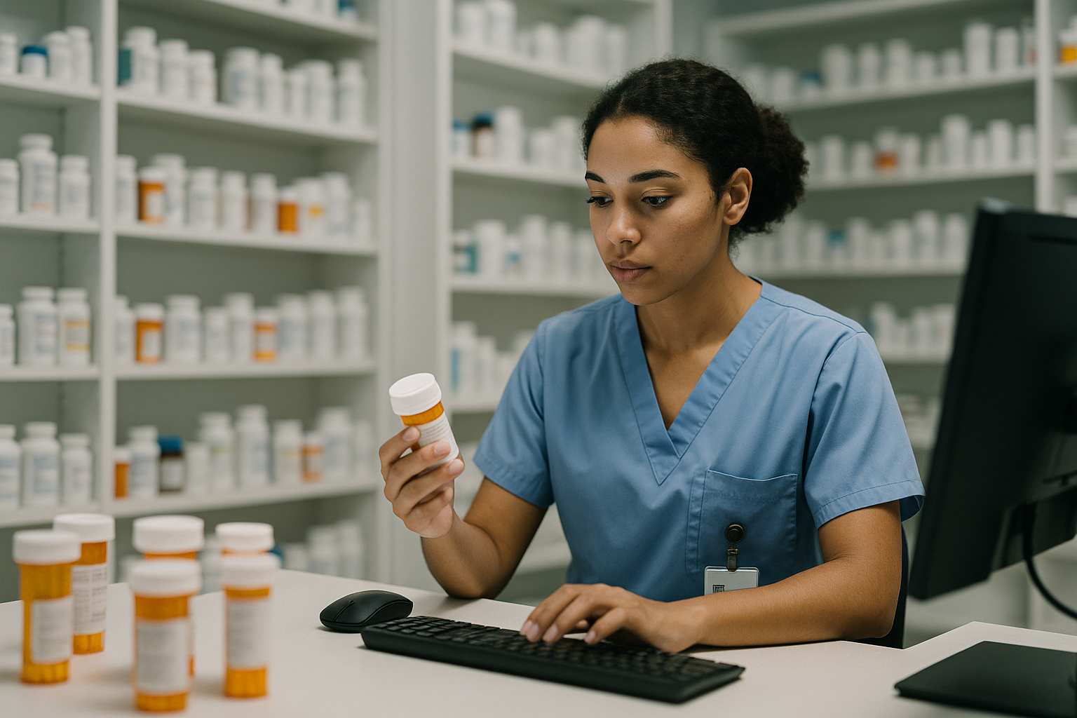 Editorial illustration depicting pharmacy technician night shift salary hospital