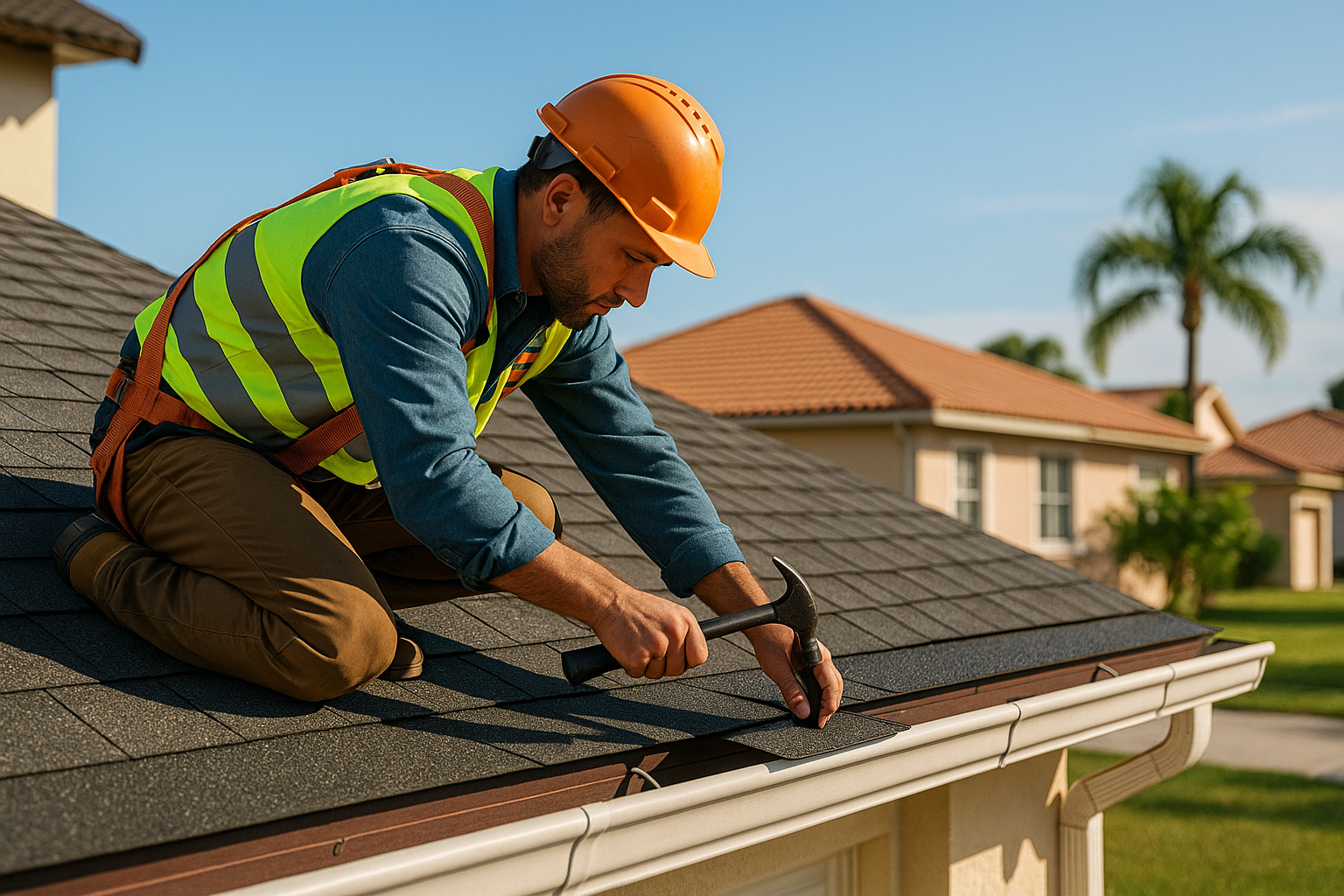 Editorial illustration depicting uv resistant shingles century village florida sun damage