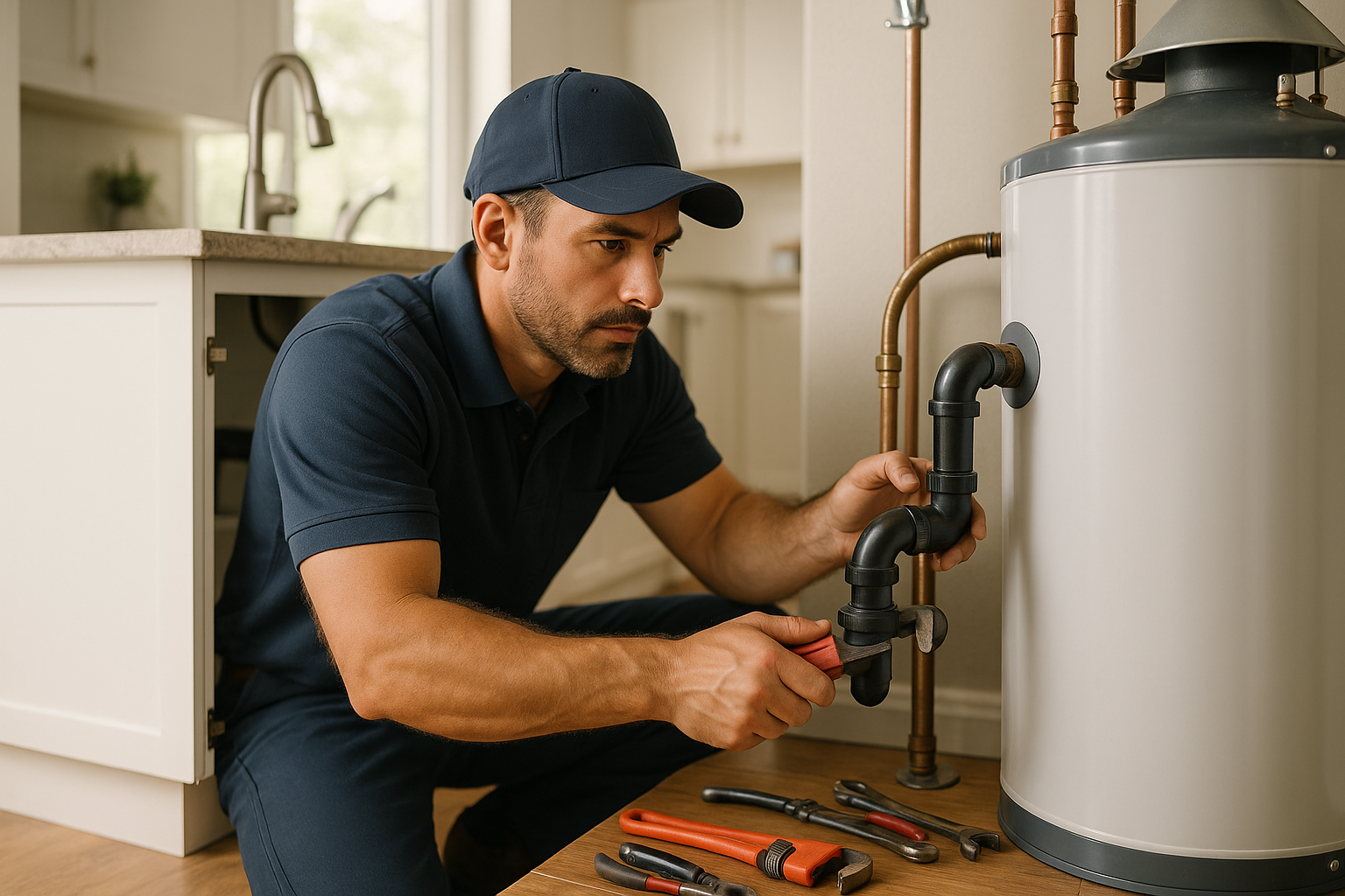 Editorial illustration depicting water heater failing lewisville summer heat