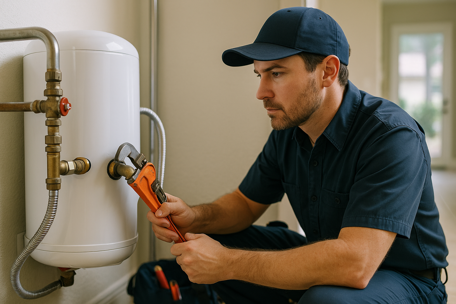 Editorial illustration depicting water heater repair