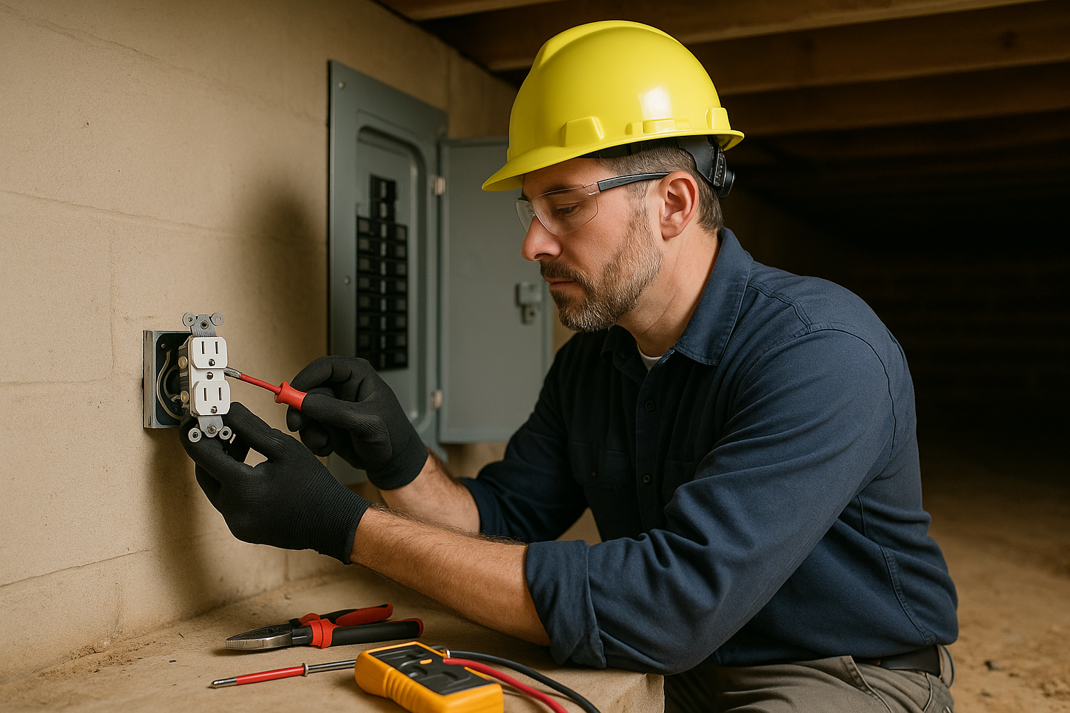 Editorial illustration depicting replace gfci outlets crawl spaces