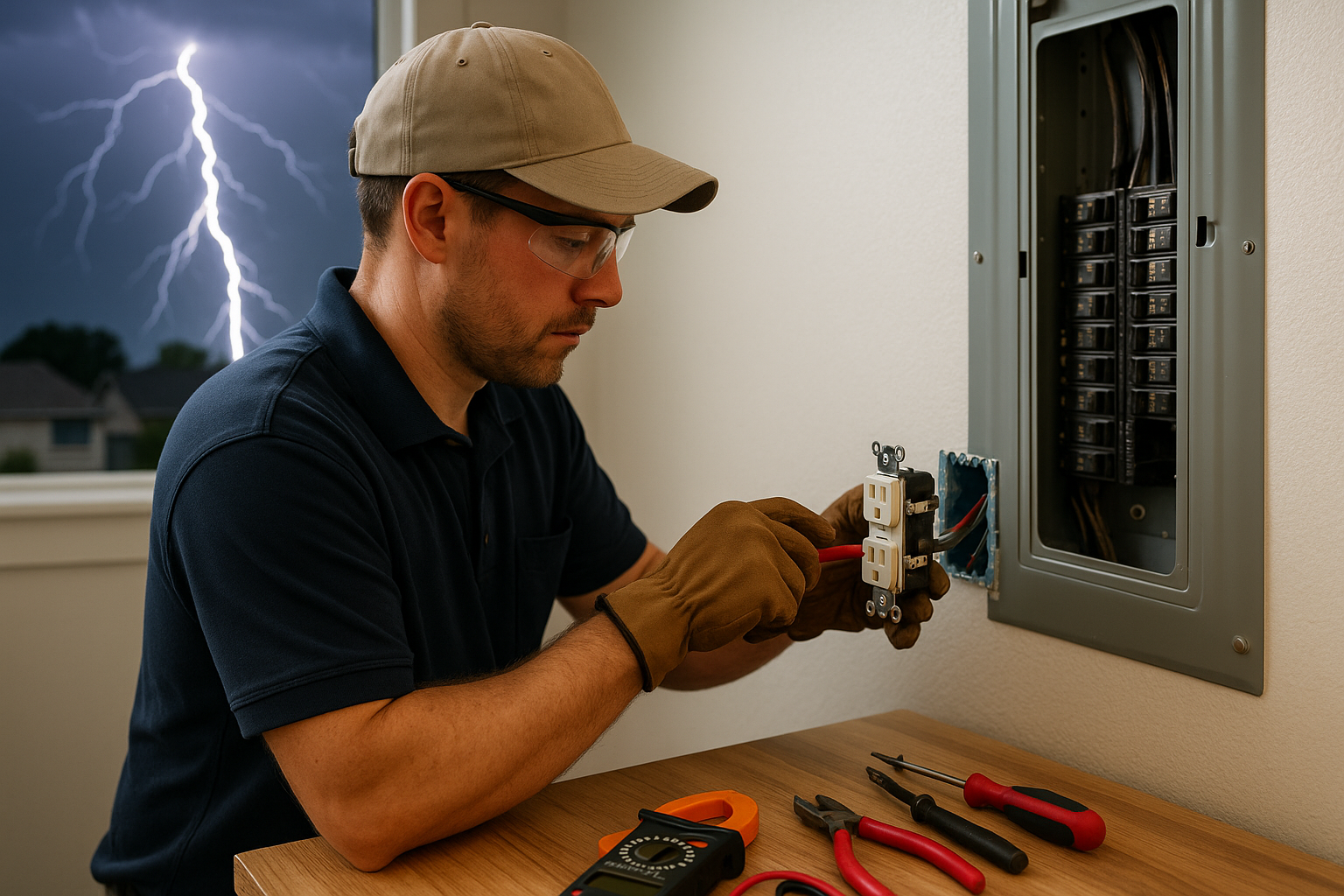 Editorial illustration depicting whole house surge protection thunderstorm